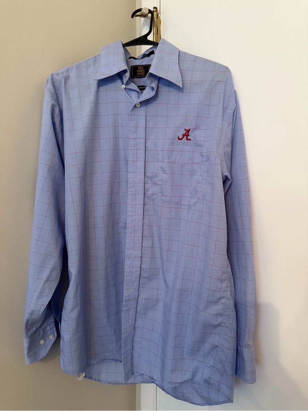 Light Blue Checked Men’s Button-Up Shirt with Red 'A' Embroidery